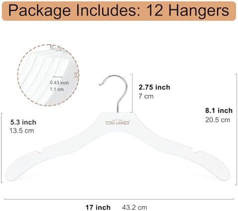 TOPIA HANGER Wooden Hangers for Women, Premium Sweater Hangers No Shoulder Bump, 360° Swivel Hook and Cut Notches Clothes Hangers for Sweater, Coat, Shirts, Hoodies, Dress, 12 Pack White CT84W