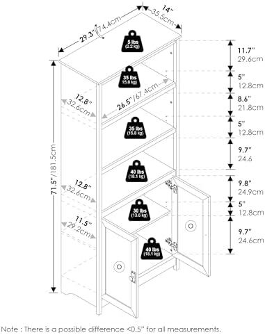 Furinno Robin 5-Tier Storage Cabinet, 2 Door Pantry Cabinet, Plain White
