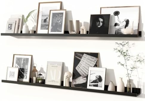Fun Memories Picture Ledge Shelves Set of 2, 55 Inch Rustic Wall Mounted Floating Shelves with Lip for Home Storage and 