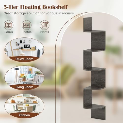 GOFLAME Corner Shelf Wall Mounted Set of 2, 5-Tier Floating Corner Bookshelf, Wood Plant Stand, Modern Floating Display 