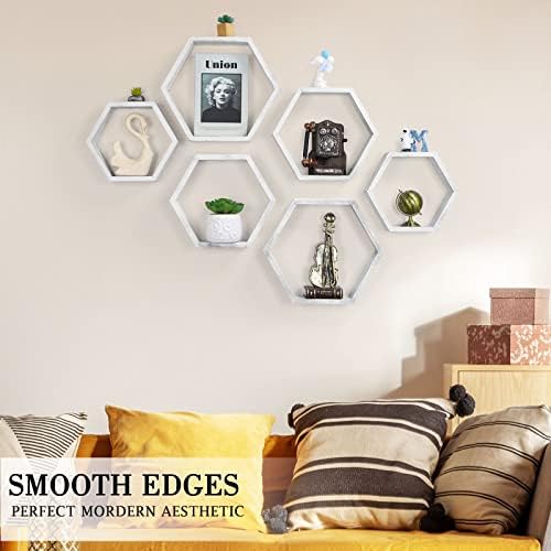 Hexagon Floating Shelves Set of 6, Wall Mounted Wood, Grey