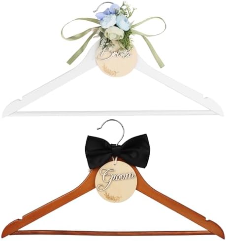 Bride & Groom Hanger - 2 Pack Personalized Name Tags, Dark & White Wood Bridal Dress Hanger, Ideal Keepsake for Wedding 