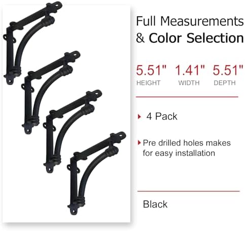 NACH Decorative Shelf Brackets, 4 Pack of 5.5 x 1.2 x 5.5 inch Black Cast Iron Shelf Brackets - Decorative Brackets for 