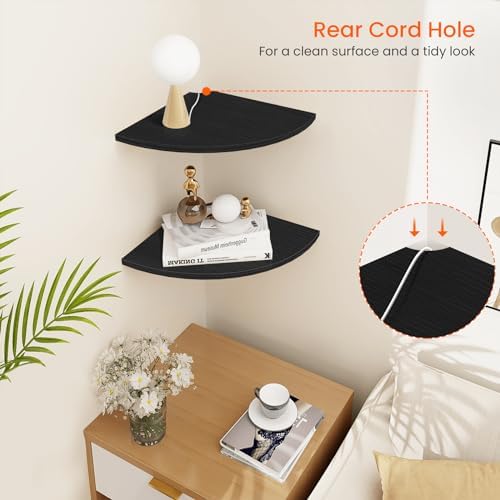 Homode Corner Floating Shelves, 12" Deep Corner Shelves Wall Mounted with Cord Hole, 2 Tier Curved Corner Hanging Shelvi