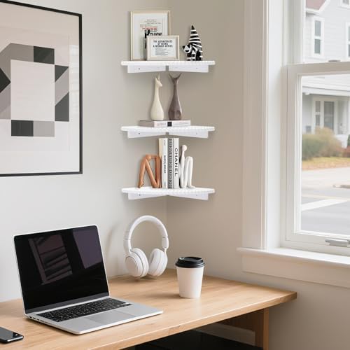 Lamapggio Corner Floating Shelves with Double Support Brackets, 3 Pack Wood Wall Mount Round Display Shelf for Bedroom, 