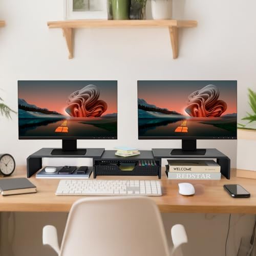 LEKETREE Dual Monitor Stand Riser with Drawer, Computer Stand for Desk, Workspace Desktop Stand, Desk Organizer for Comp