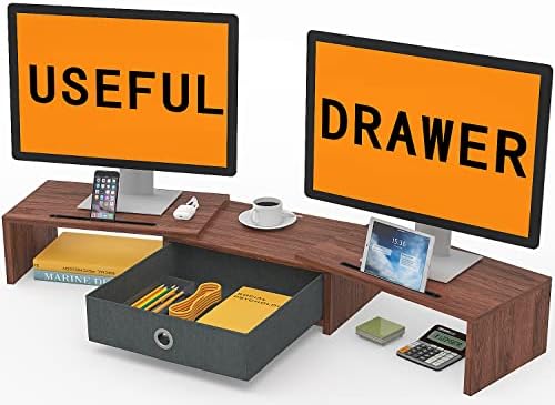 WESTREE Dual Monitor Stand Riser with Drawer - Adjustable Length and Angle, 2 Phone Hold, Desktop Organizer for Computer