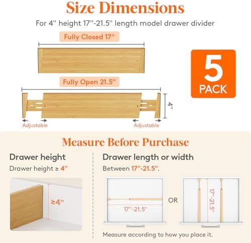 Lifewit 4" High Dresser Drawer Dividers, Adjustable Bamboo Drawer Organizer