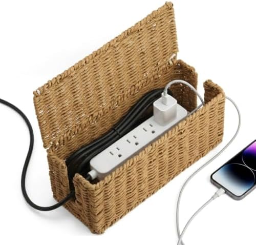 Handwoven Natural Raffia Cable Management Box with Lid – Decorative Cord Organizer for Power Strips, Surge Protectors & 