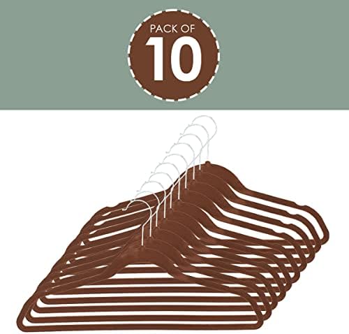 Velvet Clothes Hangers (Pack of 10), Brown, by Home Basics | Felt Hangers for Tops, Jackets, Dresses, and Pants | Contoured Hangers with Notches | Ultra-Thin Space Saving Clothes Hangers