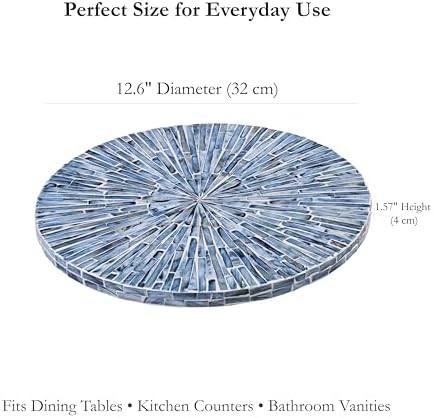 PEMAR 12.6” Handcrafted Mother of Pearl Blue Starburst Lazy Susan – Rotating Centerpiece for Dining Table, Elegant Beach