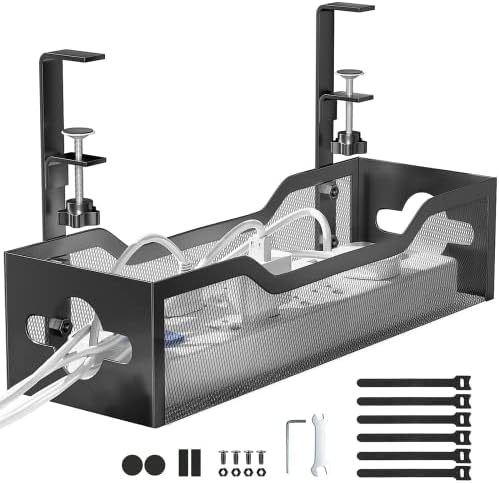 Under Desk Cable Management Tray No Drill, Metal Mesh Cable Management Under Desk with Clamp Mount, 2 Hole Cable Tray wi