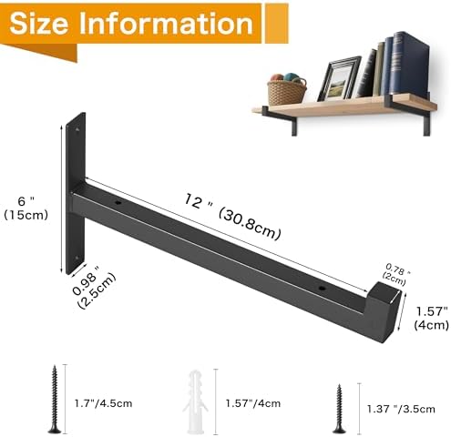 EZYDECOR 6 Pack Heavy Duty Shelf Brackets with Lip 12 Inch Black