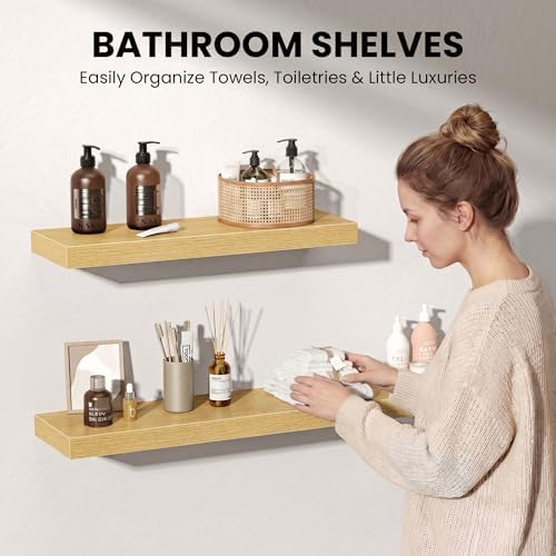 20" Floating Shelves for Wall, Set of 3, 8" Deep, 1.5" Thick, Oak Finish