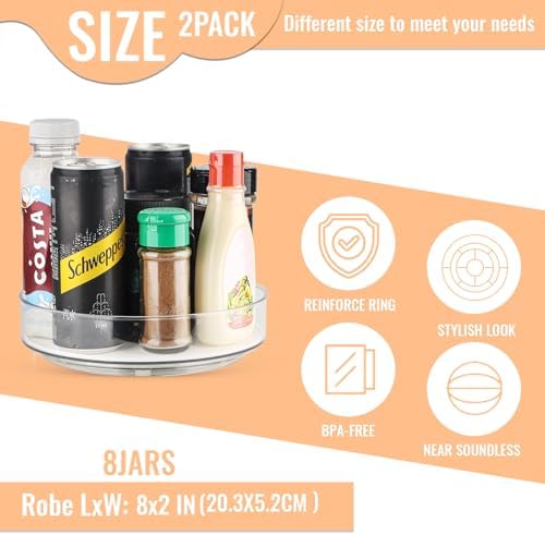 2 Pack Lazy Susan Organizer for Cabinet：Lazy Susan Turntable (8 Inch) with Non-Slip Mat and Handles,Turntable Rack for K