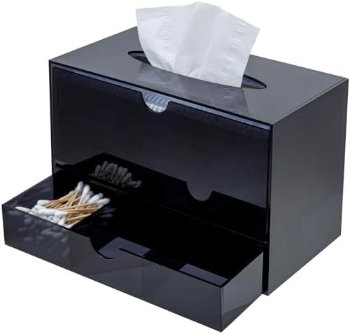 MyGift Premium Black Acrylic Cosmetic Organizer Caddy and Tissue Box Cover with Pull Out Makeup Storage Drawer - Counter
