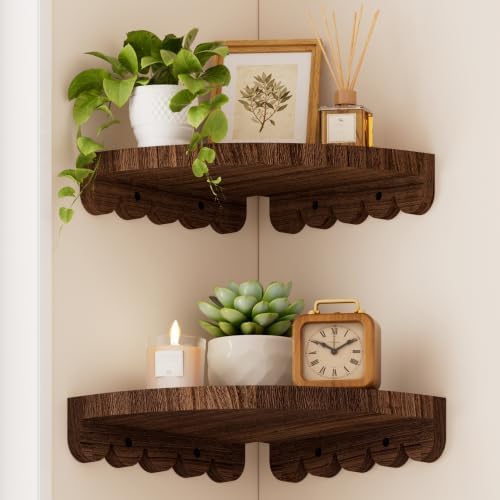 QsQueen Floating Shelves for Wall, 8.86 Inch Corner Scalloped Paulownia