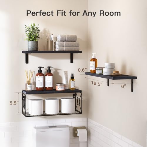 Amada Bathroom Shelves with Storage Basket, Set of 3, Black