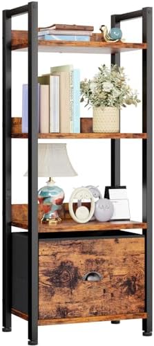 Furologee 4 Tier Bookshelf with Drawer, Small Narrow Bookcase, Rustic Brown