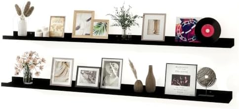 Black Floating Shelves for Wall Decor, 52 in Shelf with Lip Set of 2