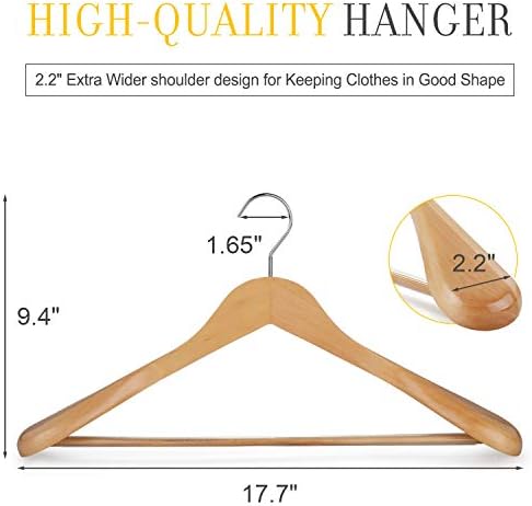TOPIA HANGER Set of 6 Luxury Natural Wooden Coat Hangers, Premium Wood Suit Hangers, Glossy Finish with Extra-Wide Shoulder, Thicker Chrome Hooks & Anti-Slip Bar CT02N