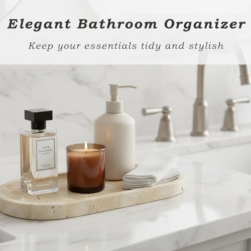 Natural Travertine Vanity Tray for Bathroom Countertop, 12" L x 6" W Light Beige Cream Decorative Tray with 4 Non-Slip S