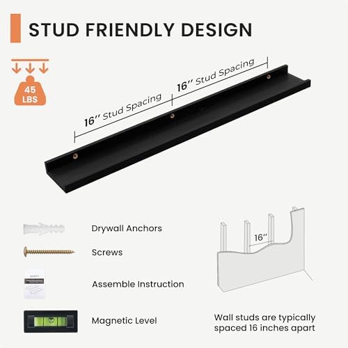 FLYJOE Picture Ledge Shelf Wall, 36 inch Solid Ash Wood Nursery Book Shelves 2 Packs, Floating Ledge Shelves for Kids' Room Bedroom Bathroom Living Room Photo Frames Office Nursey Wall Decor, Black