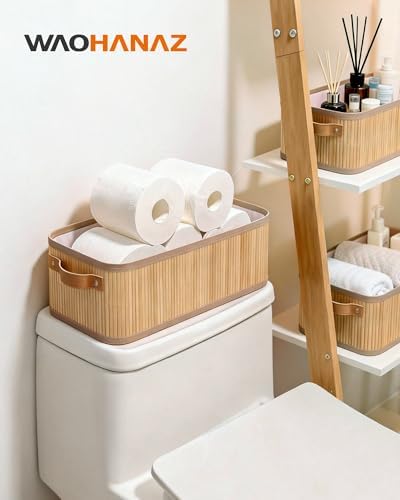 Narrow Storage Bins, Small Basket for Closet and Shelves, Bamboo Toilet Paper Storage Organizer with Handles for Counter