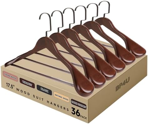 17.5" Wooden Suit Hangers, Non Slip Pants Bar, Walnut, 36-Pack