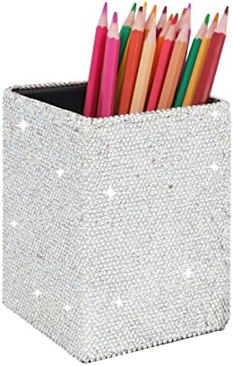 KEYPOWER Crystal Pencil Pot Holder Box Bling Rhinestone Pen Organizer Holder Cosmetic Pen Container Comb Brushes Personalized (Square White&AB Color)
