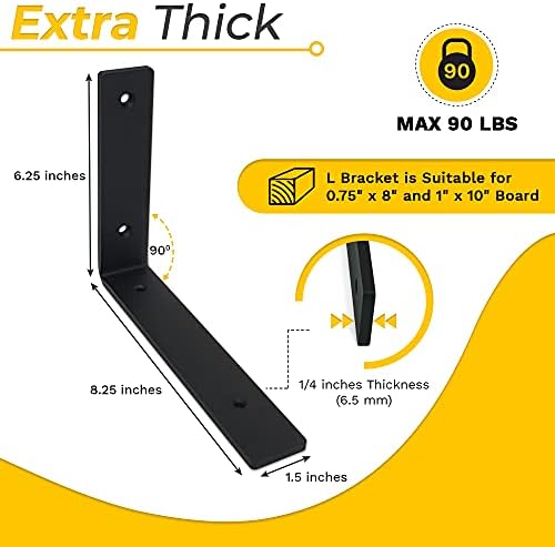 1/4" Thk Heavy Duty Shelf Brackets, 8.25" X 6.25", 4 Pack - Max. 90lb
