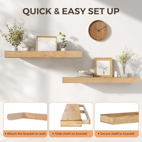 Floating Shelves, 36 Inch Wall Mounted Shelves, Set of 2, Oak