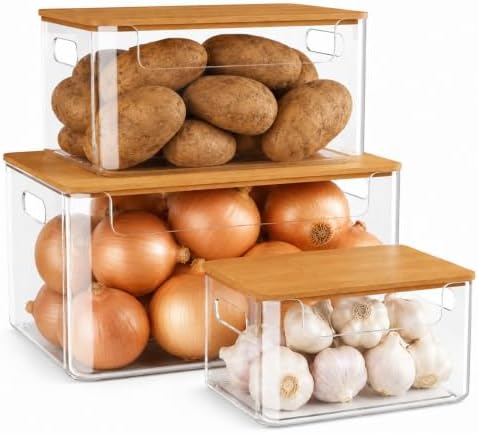 3 Pack Pantry Organizers and Storage Bins with Bamboo Lids,Trash Bag Holder