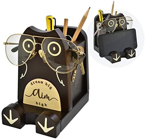 I'm Wood Multipurpose Eyeglass Phone Pen & Pencil Holder Stand Stationery Desk Box Organizer Accessories, Home Office Desktop Decor Birthday Graduation Gifts “Dream Big Aim High” (Owl)