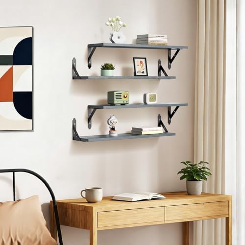 ROMGUAR CRAFT Wood Wall Floating Shelves Set of 4, 23.6" x 6" - Grey