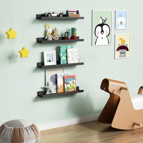 24 Inch Black Picture Ledge Shelf, Floating Photo Wall Shelves with Lip