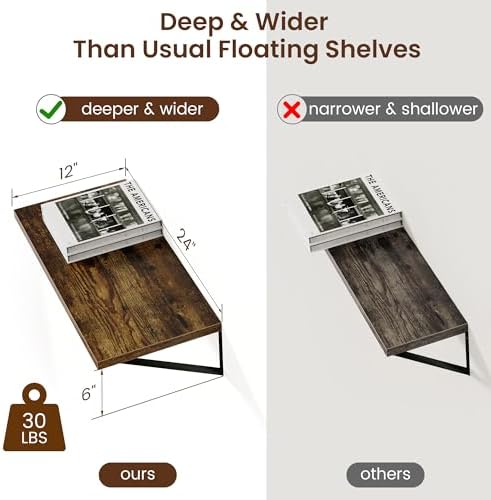 Axeman 12 Inch Deep Floating Shelves for Wall - 24 Inch Wide x 12 Inch Deep Wall Shelves Set of 2 - Rustic Wood Floating