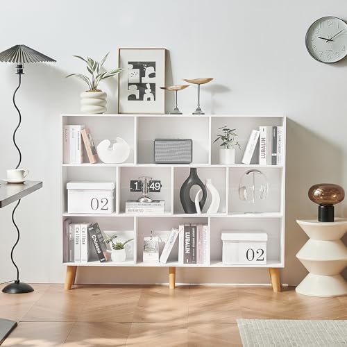 LEYAOYAO 10 Cube Bookshelf, Mid-Century Modern Book Shelf with Legs, White