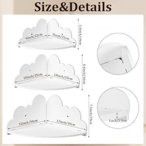 Novabright 3 Pack Cloud Floating Corner Shelves, 9/10/12 Inch Wall Mounted Corner Shelves for Room & Nursery Decor, Cute