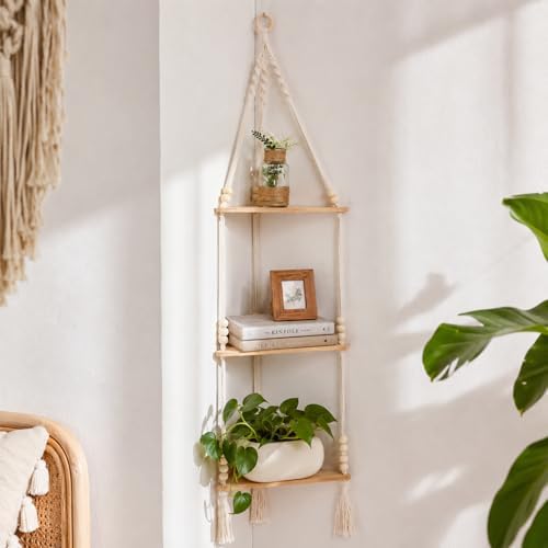 Artilady Macrame Corner Shelf Wall Hanging 3-Tier Adjust Boho Storage Decor