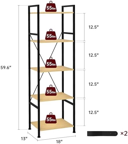 5 Tier Industrial Bookshelf, Storage Organizer, Natural Oak