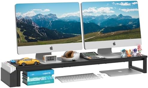 LAND·VOI Dual Monitor Stand Riser,41.5'' Long Monitor Stand for 2 Monitors, Wood and Steel Computer Monitor Stand, Deskt