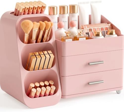 Booklov Large Makeup Organizer for Vanity Countertop, Pink