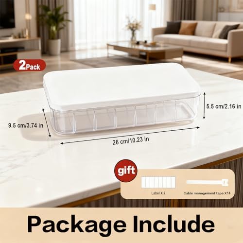 Cable Organizer Box with 7 Wire Ties, 2 Pack Desktop Cord Management Storage Case with Lid, 7 Compartments for Chargers 