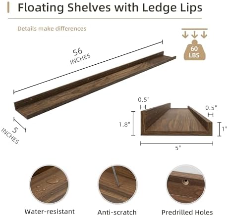 Acovy Picture Ledge Shelf, Wood, 56 inch, Walnut, Set of 2