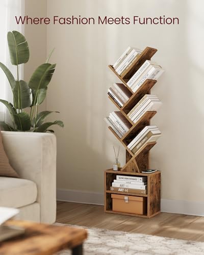 VASAGLE Tree Bookshelf, 7 Tiers, 2 Open Compartments, 15 x 8 x 48.5 Inches