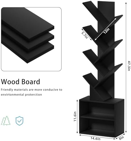 SHEEPAM 10-Tier Tree Bookshelf Floor Standing Narrow Space Storage Bookcase