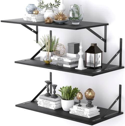 Deep Floating Shelves for Wall Set of 3, 24W x 12 Inch Deep Black Floating Shelves, Wide Floating Wall Mounted Shelves f