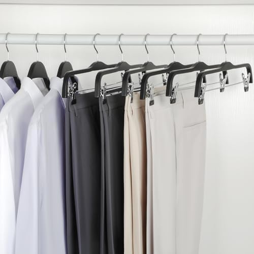 TOPIA HANGER Wooden Pants Hangers,Slim Natural Wood Skirt Hangers with Anti-Rust Hook and Adjustable Metal Clips, Perfect for Skirts,Pants,Slacks-10 Pack-CT17B