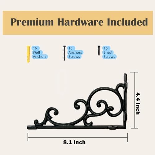 Heavy Duty 8.1"x4.4" Vintage Brackets for Floating Shelves & Kitchen Storage, 8 inch Cast Iron Shelf Brackets - Industri